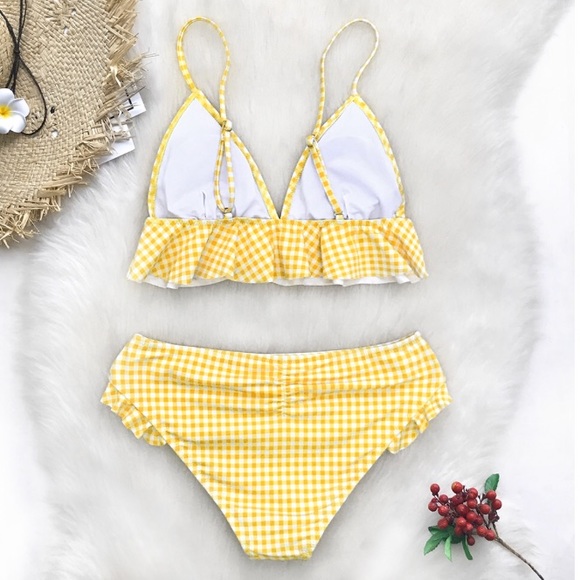 Yellow Gingham Ruffle Two Piece Bikini Swimsuit - Picture 3 of 7